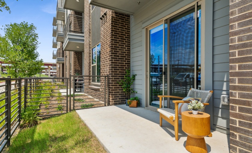 a patio with a chair